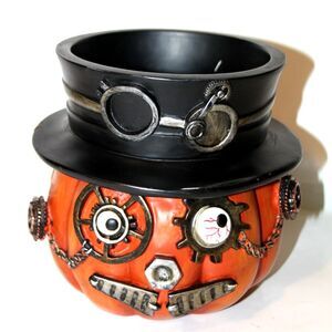 Yankee Candle Jar Holder Steam Punk Pumpkin Nuts Bolts Gears Halloween Decor 6"